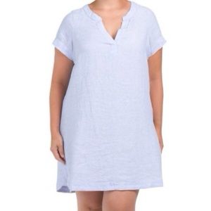 Tahari Women 1X Blue 100% Linen Lagenlook Split Neck Popover Shift Dress w/o Tag